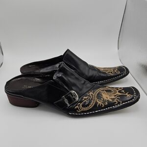 Fiesso by Aurelio Garcia black leather slides with gold embroidery dragon EU 44